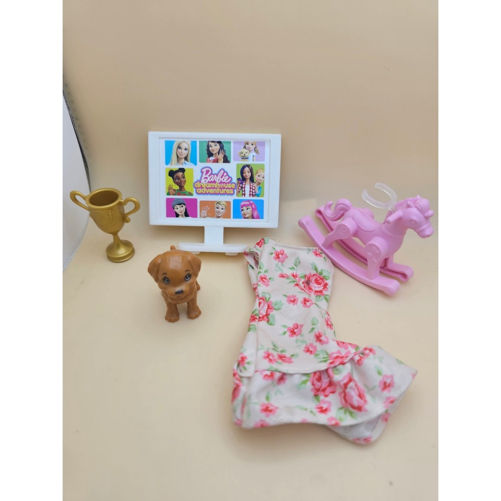 Barbie Dreamhouse Adventures Accessory Lot TV Puppy Rocking Horse Dress Trophy